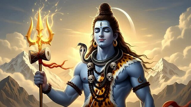 Lord Shiva with Trident and Damru, Serene Expression, Mountain Backdrop, Divine Aura
