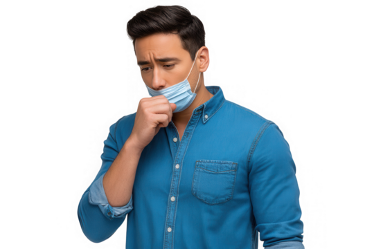 Man in denim shirt coughing wearing a face mask isolated on transparent background