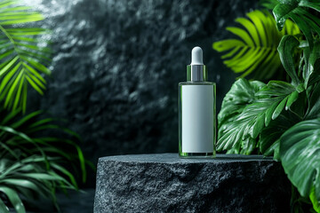 A cosmetic bottle with a blank mockup label stands on a black stone pedestal. Natural earthly background. Product display. Black background. Plants and leaves