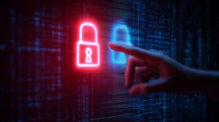A finger touches a glowing red padlock icon on a digital interface, with a blue padlock nearby, symbolizing cybersecurity decisions or threats.
