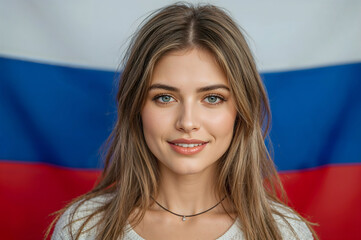 Beautiful Russian young woman on the background of the Russian flag.