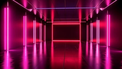 Illuminated corridor with blue and pink neon lights outlining the space, creating a futuristic abstract interior with geometric forms - Powered by Adobe