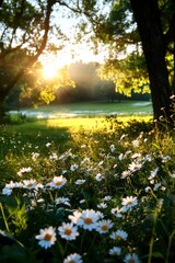 Fototapeta premium Bright Sunset Over a Serene Meadow With Blooming Flowers in a Peaceful Countryside Setting.