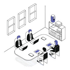 Business meeting, Office team, employees work discussion, Corporate communication, teamwork, collaboration. Isometric Flat vector illustration isolated