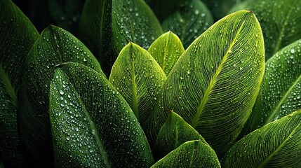 Obraz premium A close-up of a green plant with droplets of water on its leaves, with the leaves prominently displayed in the foreground