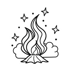 Beach bonfire with smoke rising under stars in the night sky on white background Line art