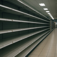 Obraz premium Empty shelves in a supermarket or store, creating a sense of shortage, crisis or after a sale. Great for economic or shortage themes.