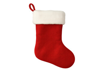 Red christmas stocking with white fur trim hanging, isolated on transparent background, perfect for festive designs