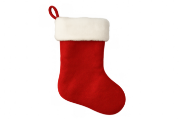 Red christmas stocking with white fur trim hanging, isolated on transparent background, perfect for festive designs