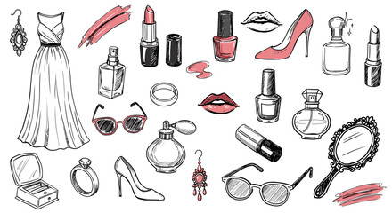 Hand-drawn sketch doodle of feminine beauty and fashion items for women