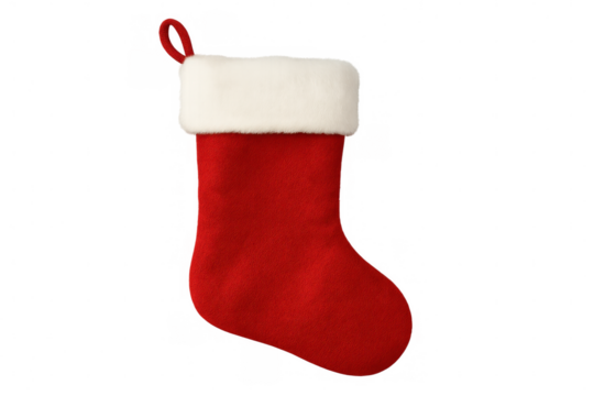 Red christmas stocking with white fur trim hanging, isolated on transparent background, perfect for festive designs
