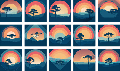 Minimal Sunset Landscape with Mountains and Silhouette Tree Illustration set