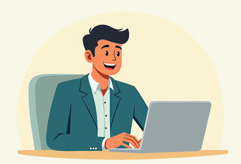 A smiling man in a suit is sitting at a desk, working on a laptop computer.