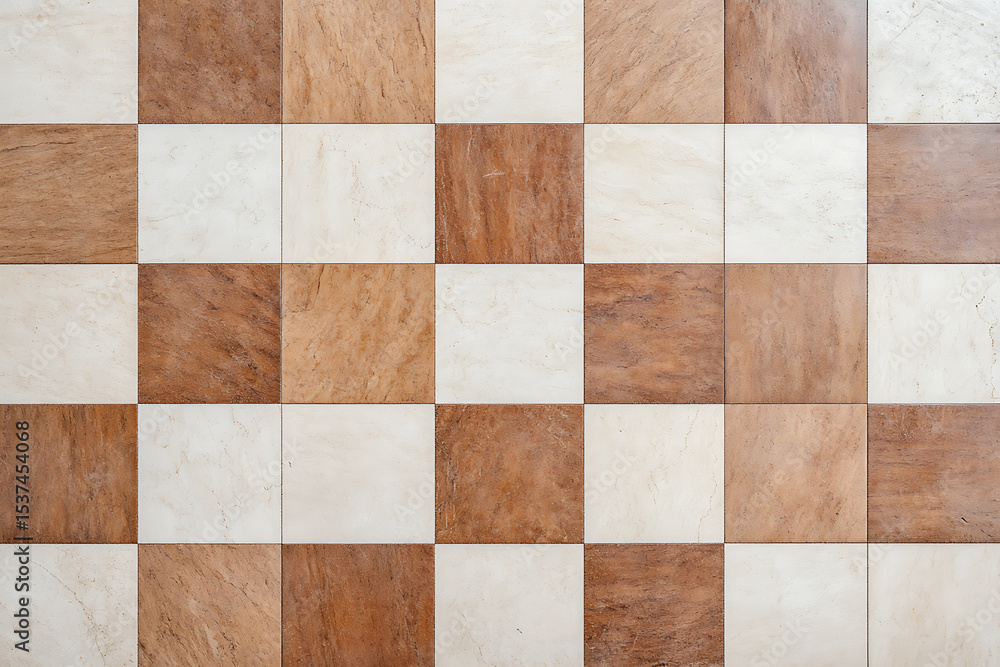 Poster checkerboard tile pattern featuring alternating beige and brown squares. a symmetrical design perfec
