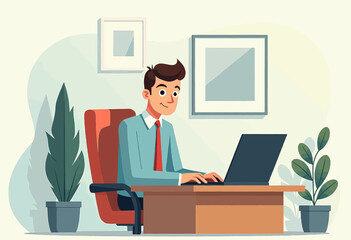 a man seated at a desk, engrossed in work on a laptop, surrounded by potted plants and framed pictures on the wall.