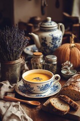 Fototapeta premium Warm Soup Served in Traditional Bowls With Rustic Bread and a Charming Teapot on a Wooden Table.