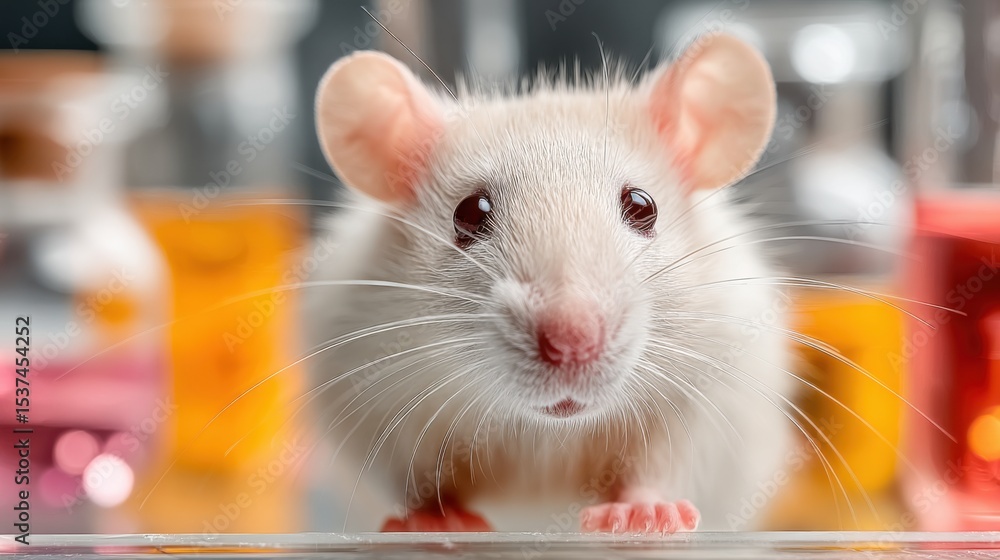 Poster a small white laboratory rat is curiously exploring a workspace filled with various test tubes and c
