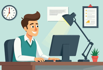 a man seated at a desk, engrossed in work on a computer, with a lamp illuminating his workspace. 