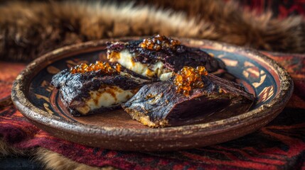 Kiviak: A studio shot fermented seabirds traditional ceramic plate bold intense culturally rich.