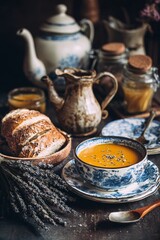 Fototapeta premium Cozy Autumn Meal Featuring Lavender Soup and Fresh Bread in Rustic Kitchen Setting.