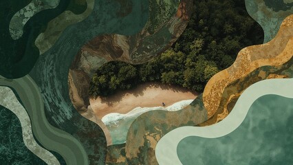forest beach, tropical coastline, marble layers, abstract waves, surreal seascape, layered textures, green aesthetic, tranquil beach, jungle shore, artistic collage, mixed media art, ocean view, sandy
