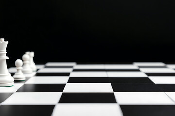 Chessboard strategy: White pieces including the queen aligned on the black and white checkered board, ready for the game against a black background