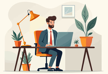 A man in a suit is seated at a desk, working on a laptop with a lamp beside him and potted plants on either side of the desk.