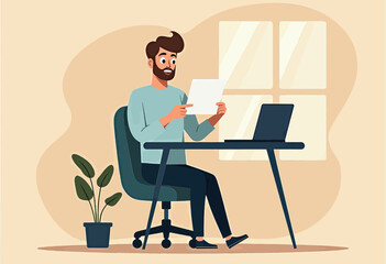 A man with a beard is seated at a desk, looking at a piece of paper, with a laptop open in front of him.