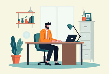 A man is seated at a desk, working on a laptop, in a well-lit office environment with various plants and furniture.