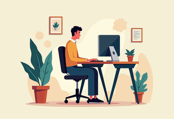 A man is seated at a desk, working on a laptop with a desktop computer monitor in front of him. The room is decorated with potted plants and framed pictures on the walls.