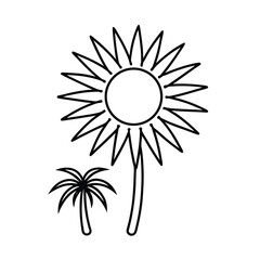 Bright sun casting palm tree shadow on warm sand on white background Line art
