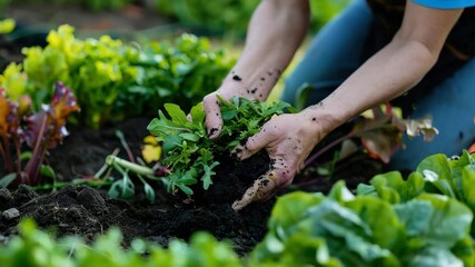 Gardening in early spring at a community farm where volunteers plant fresh greens and herbs in rich, dark soil for sustainable produce