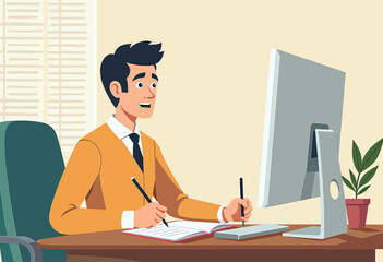 a man in a yellow jacket seated at a desk, writing in a notebook while using a computer monitor.