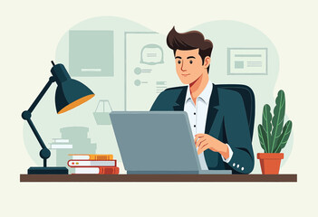 A man is seated at a desk, focused on his laptop, with a lamp and books in front of him, and a potted plant to his right.