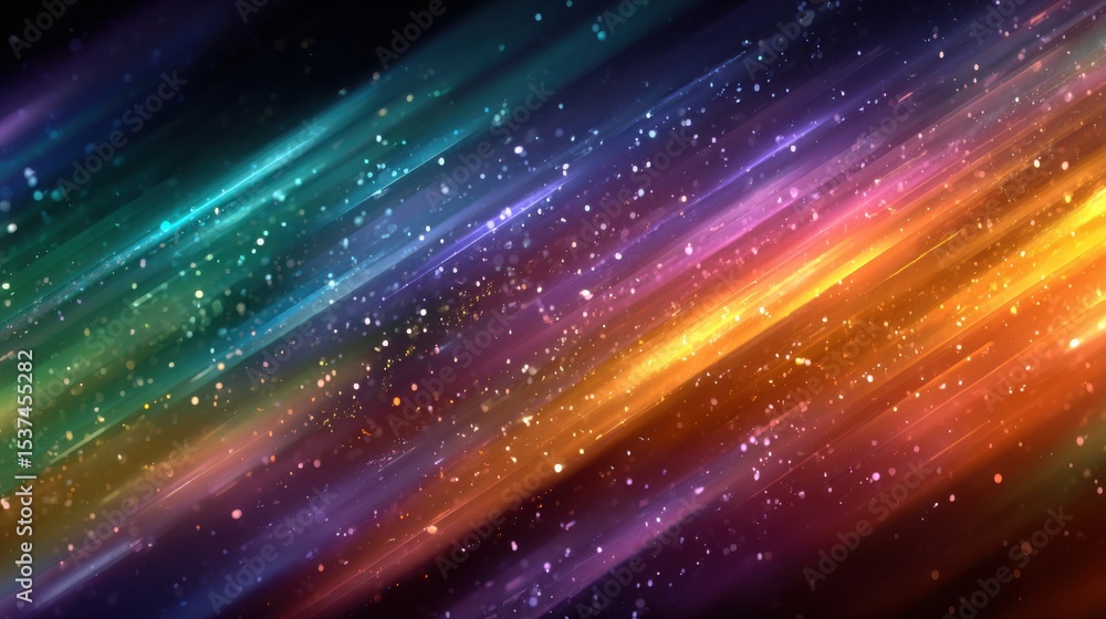 Poster vivid colors blend in fluid motion, creating streaks of light amidst a dark background. sparkling el