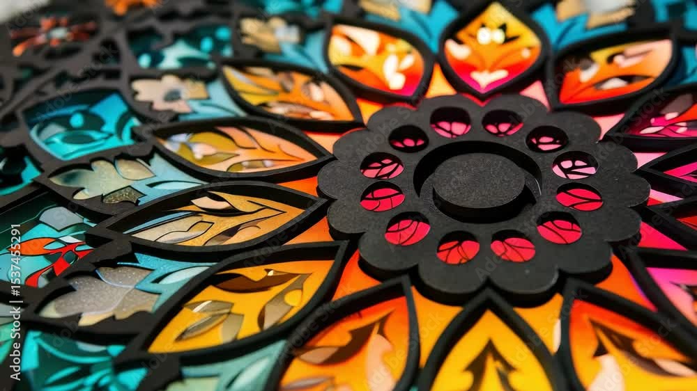 Poster Intricate laser-cut design showcasing vibrant colors and floral patterns in a close-up view captured in a creative workspace setting