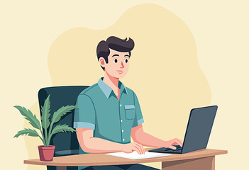 a man seated at a desk, engrossed in work on a laptop, with a potted plant to his left and a plant in a pot to his right.