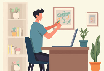 A man is seated at a desk, engrossed in his phone, with a laptop open in front of him. The room is adorned with potted plants, a bookshelf, and a framed picture on the wall.