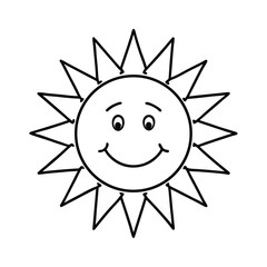 Bright sun with smiling face spreading happiness on white background Line art
