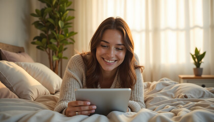 Young woman smiling while using tablet in cozy bedroom during daylight  