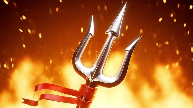 Silver Trident with Red Ribbon on Fiery Hellscape Background Video