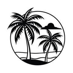 Coconut palm trees silhouetted against sunset sky on white background Line art