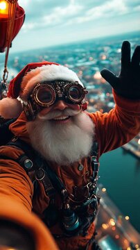 santa claus in steampunk style parachuting with gifts for christmas
