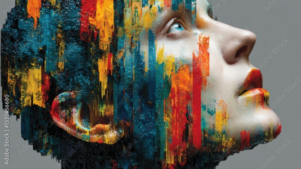 Aufkleber a captivating representation showcases a human face intertwined with vibrant colors and abstract pat