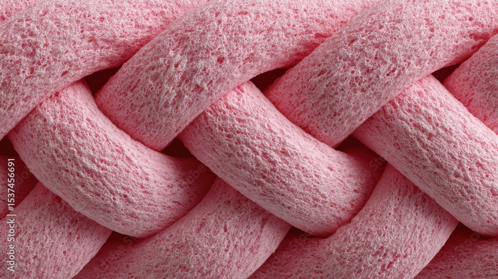 Poster braided structure made of soft pink material displays a series of textured, intertwining forms. the 