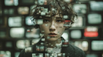 Individual stands in front of numerous screens that display fragmented images, conveying a sense of contemplation in a contemporary art space.