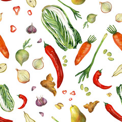 Fresh vegetables for Korean kimchi. Watercolor illustrations are hand-drawn isolated on white background for decoration of gift paper, tablecloth, children's books. Seamless pattern