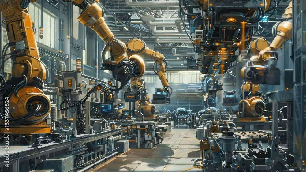 Poster Exploring a modern automation facility with advanced robotics in action during a busy workday