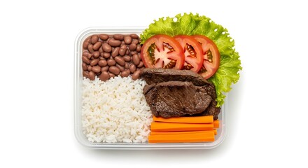 Healthy Brazilian Lunch Box Balanced Meal with Rice, Beans, Meat, and Vegetable on white background