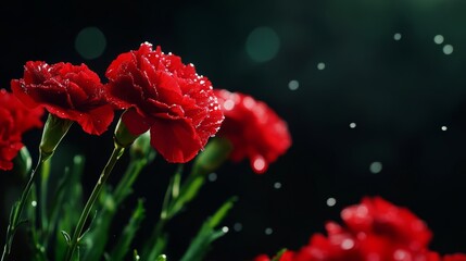 Red Flowers Glistening With Water Droplets in a Garden During a Sunny Afternoon.